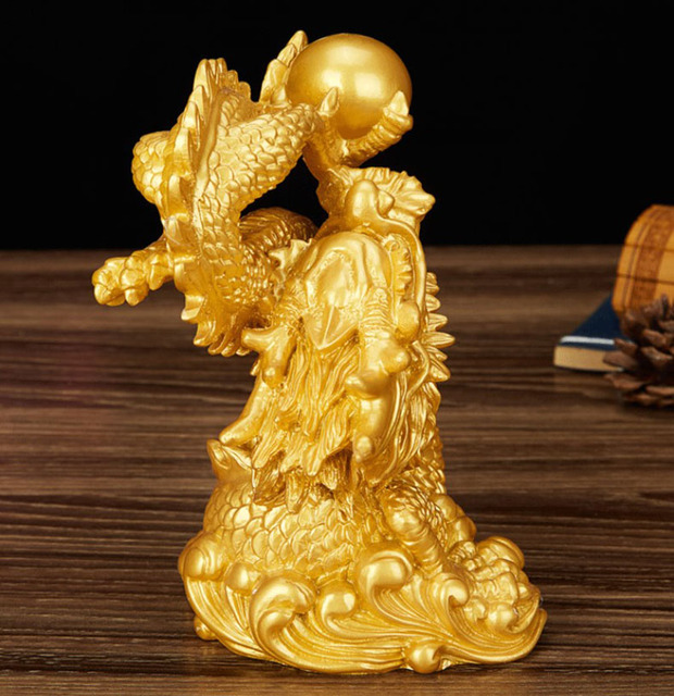 Rzeźba statua smoka przynoszącego szczęście, ozdoba dekoracyjna w stylu chińskim, złoty kolor i antyczna miedź - Wianko - 3