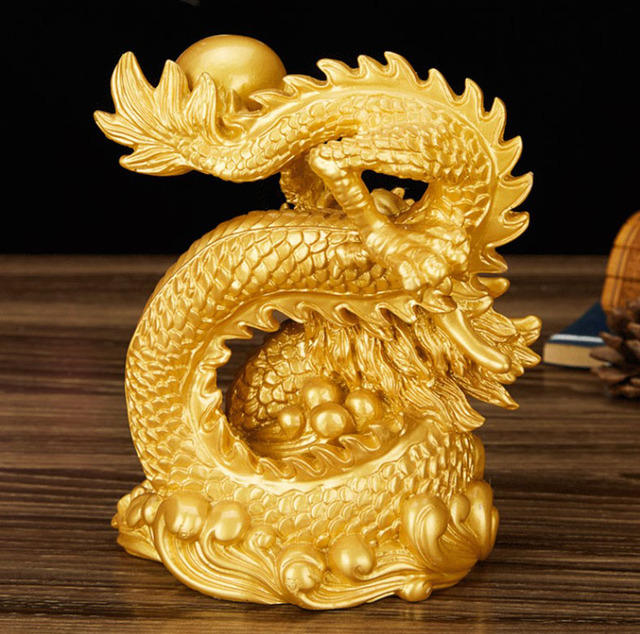 Rzeźba statua smoka przynoszącego szczęście, ozdoba dekoracyjna w stylu chińskim, złoty kolor i antyczna miedź - Wianko - 6