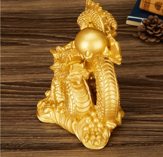 Rzeźba statua smoka przynoszącego szczęście, ozdoba dekoracyjna w stylu chińskim, złoty kolor i antyczna miedź - Wianko - 4