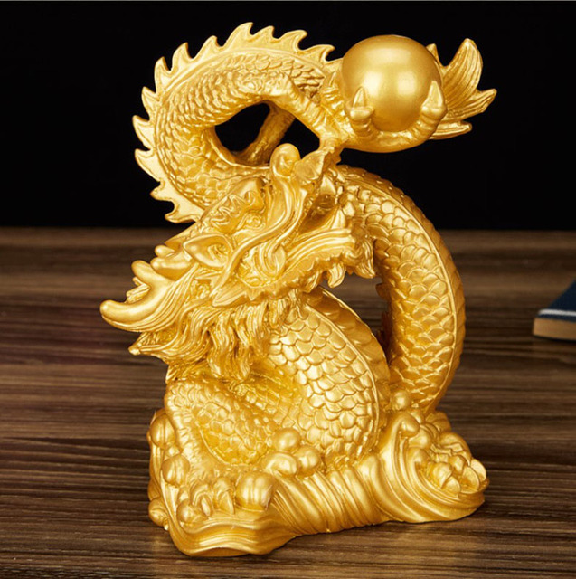 Rzeźba statua smoka przynoszącego szczęście, ozdoba dekoracyjna w stylu chińskim, złoty kolor i antyczna miedź - Wianko - 5