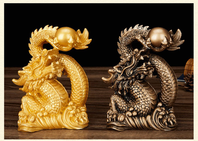 Rzeźba statua smoka przynoszącego szczęście, ozdoba dekoracyjna w stylu chińskim, złoty kolor i antyczna miedź - Wianko - 2