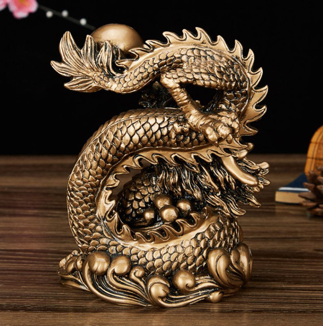 Rzeźba statua smoka przynoszącego szczęście, ozdoba dekoracyjna w stylu chińskim, złoty kolor i antyczna miedź - Wianko - 7