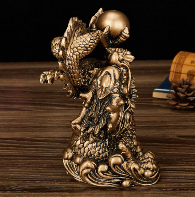 Rzeźba statua smoka przynoszącego szczęście, ozdoba dekoracyjna w stylu chińskim, złoty kolor i antyczna miedź - Wianko - 8
