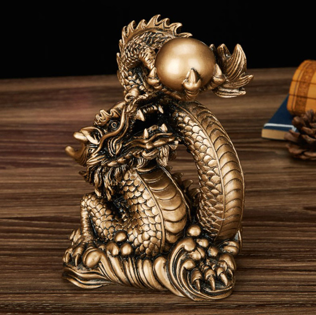 Rzeźba statua smoka przynoszącego szczęście, ozdoba dekoracyjna w stylu chińskim, złoty kolor i antyczna miedź - Wianko - 9