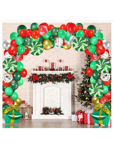 Zestaw 140 metalowych balonów bożonarodzeniowych w czerwono-zielonym kolorze z konfetti, zawierający zielone i białe cukierki foliowe w aluminiowej pudełku - Wianko - 1