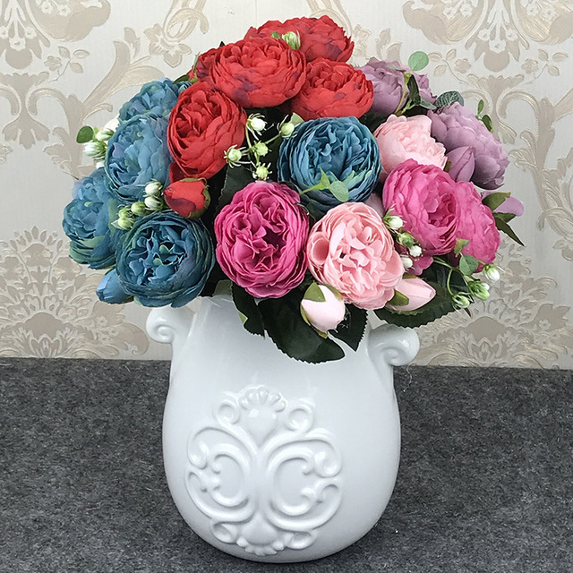 Bukiet 5 głów sztucznych róż DIY dekoracja ślubna do domu, biurka i balkonu - Wianko - 1