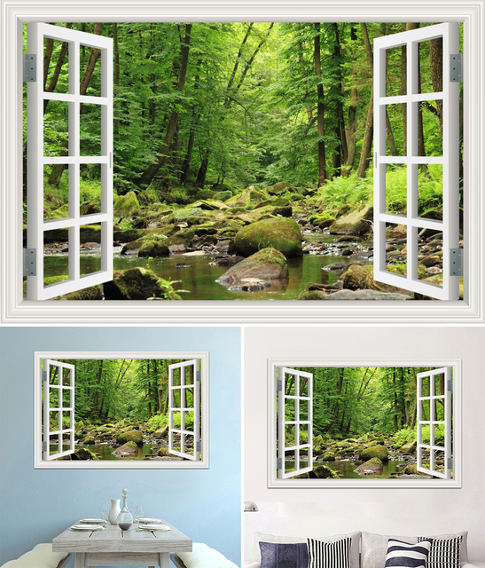 Duża 3D naklejka ścienna - krajobraz leśny z oknem, tapeta winylowa do salonu i łazienki - Wianko - 5