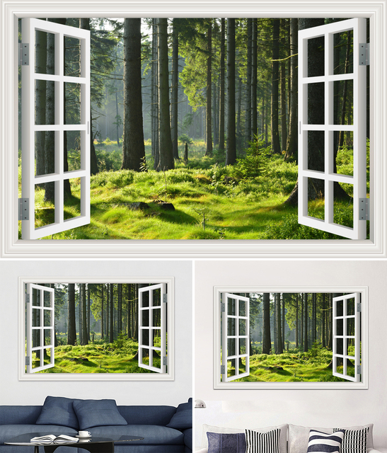 Duża 3D naklejka ścienna - krajobraz leśny z oknem, tapeta winylowa do salonu i łazienki - Wianko - 23