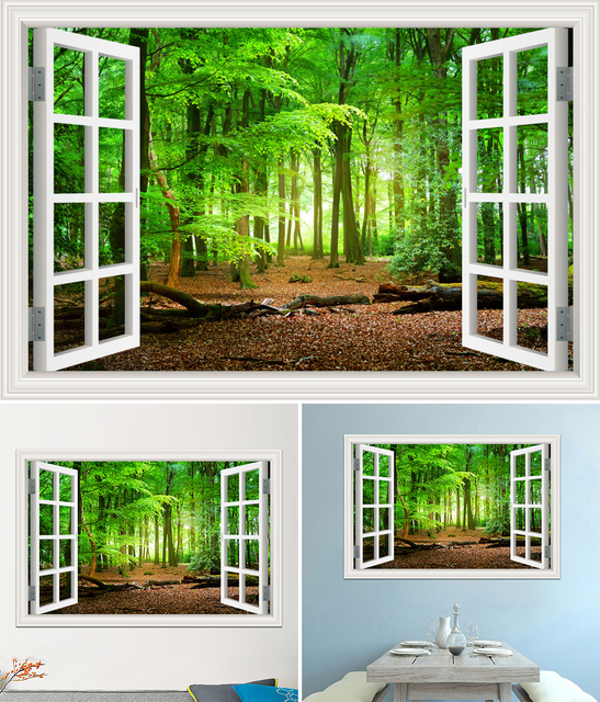 Duża 3D naklejka ścienna - krajobraz leśny z oknem, tapeta winylowa do salonu i łazienki - Wianko - 15