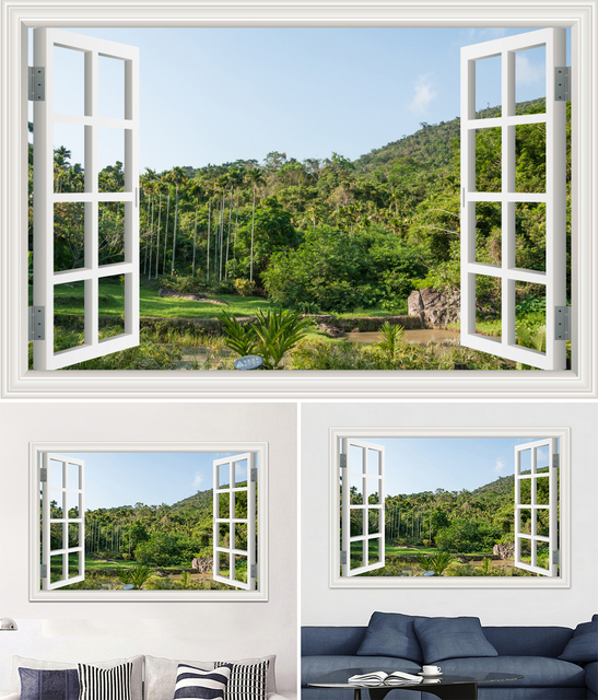 Duża 3D naklejka ścienna - krajobraz leśny z oknem, tapeta winylowa do salonu i łazienki - Wianko - 31