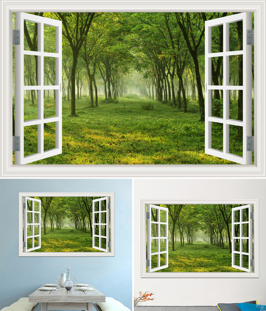 Duża 3D naklejka ścienna - krajobraz leśny z oknem, tapeta winylowa do salonu i łazienki - Wianko - 21