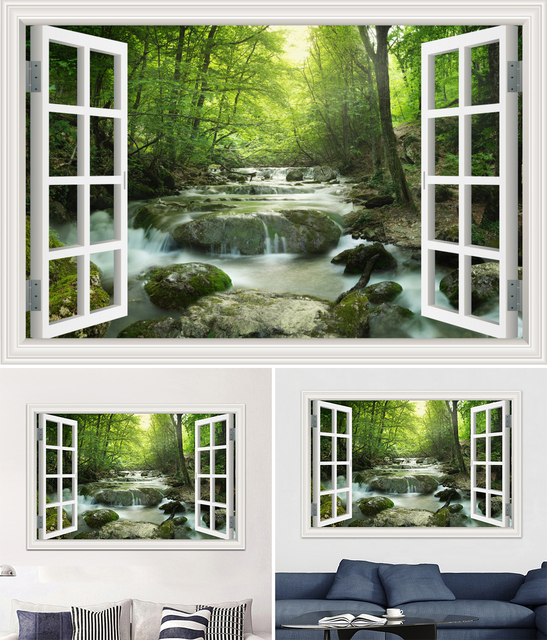 Duża 3D naklejka ścienna - krajobraz leśny z oknem, tapeta winylowa do salonu i łazienki - Wianko - 3