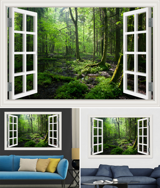 Duża 3D naklejka ścienna - krajobraz leśny z oknem, tapeta winylowa do salonu i łazienki - Wianko - 19