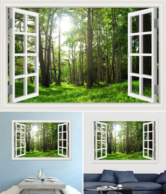 Duża 3D naklejka ścienna - krajobraz leśny z oknem, tapeta winylowa do salonu i łazienki - Wianko - 17
