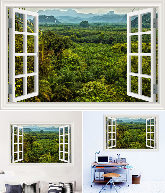 Duża 3D naklejka ścienna - krajobraz leśny z oknem, tapeta winylowa do salonu i łazienki - Wianko - 29