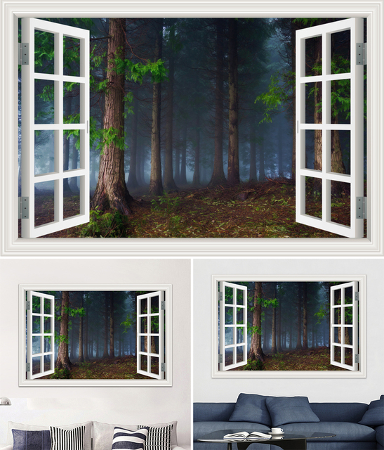 Duża 3D naklejka ścienna - krajobraz leśny z oknem, tapeta winylowa do salonu i łazienki - Wianko - 7