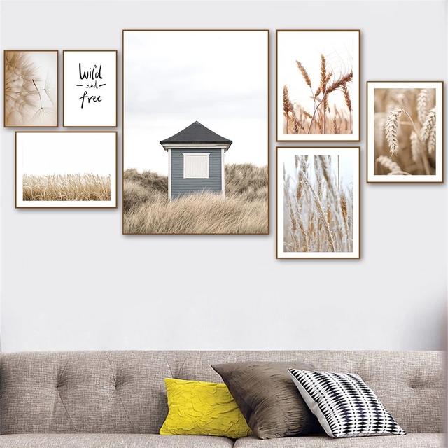 Obraz ścienny na płótnie z motywem roślinnym - pszenica, trzcina, trawa, dom dmuchawiec - Nordic plakaty i druki zdjęcia ścienny, wystrój salonu - Wianko - 1