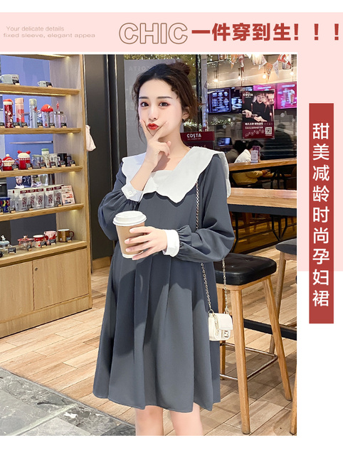 Koreańska sukienka macierzyńska z długim rękawem, linia luźna, jesień 2021 (+nr produktu) - Wianko - 1