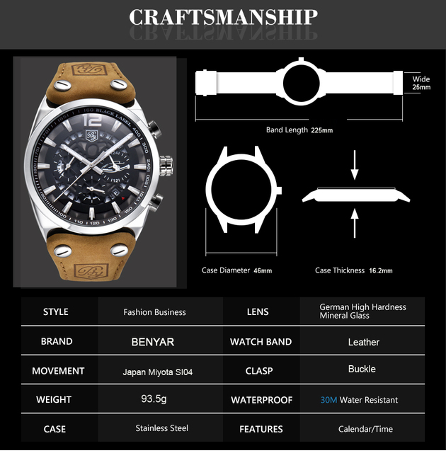 BENYAR Męskie Zegarki Chronograficzne Luksusowe Sportowe Modna Marka - Wodoodporny Zegarek Wojskowy (BY-5112M) - Wianko - 3