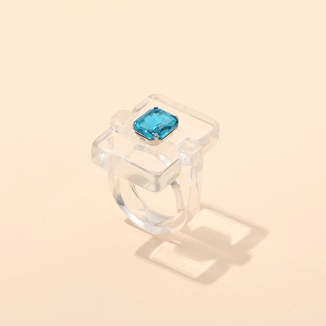 Pierścień damski HUANZHI 2021 - letnie trendy, kolorowe i transparentne, wykonany z żywicy akrylowej, w geometrycznym kształcie kwadratu, ozdobiony rhinestonami - Wianko - 7