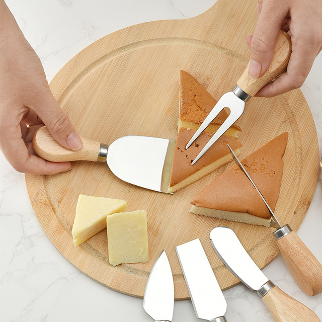 Zestaw noży do sera z uchwytami drewnianymi, narzędzie do wycinania i krajalnica serowa, łopatka do masła i widelec do serów, do kuchni i pieczenia ciast - Wianko - 2