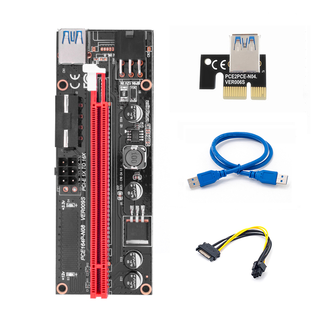 Nowy Riser PCI-E 009S dla kart graficznych - rozszerzenie PCI-E 1x 4x 8x 16x, adapter z 2 portami USB 3.0, zasilanie 6Pin SATA 15Pin - górnictwo, gospodarowanie energią - Wianko - 7