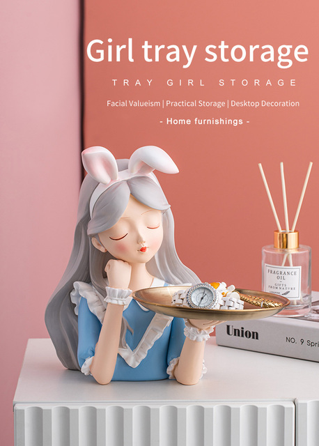 Nowoczesna figurka z żywicy Dziewczyna w kokardzie z biurkiem przechowywania - dekoracja do domu i prezent - Wianko - 1