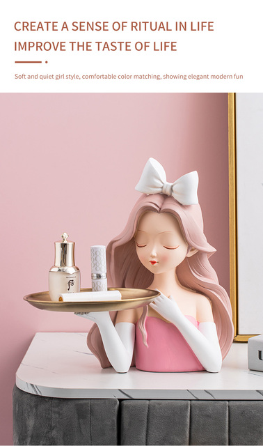 Nowoczesna figurka z żywicy Dziewczyna w kokardzie z biurkiem przechowywania - dekoracja do domu i prezent - Wianko - 3