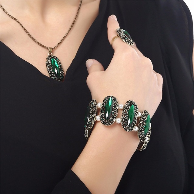 Bransoletka z kryształami owalnymi, zielona, z połyskiem, w stylu vintage, biżuteria ślubna - Wianko - 17