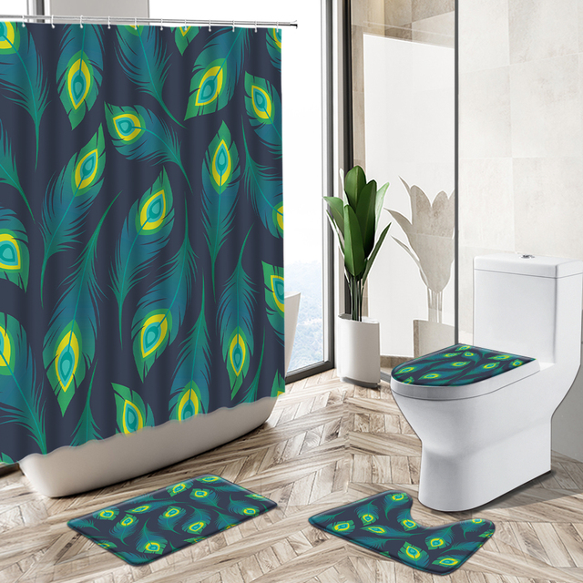 Dekoracyjna zasłona prysznicowa z pawim piórem - niebiesko-zielona, kreatywna i designerska. Idealna dekoracja do łazienki, w zestawie mata do kąpieli i pokrywa toaletowa. Flanelowy dywanik w europejskim stylu - Wianko - 7