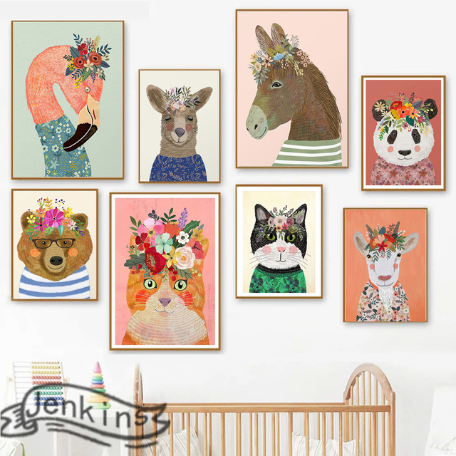 Plakat na płótnie - Kwiaty słodkie zwierzaki Alpaca Panda owca koń - kolorowa grafika na ścianę salonu lub przedszkola - Wianko - 1