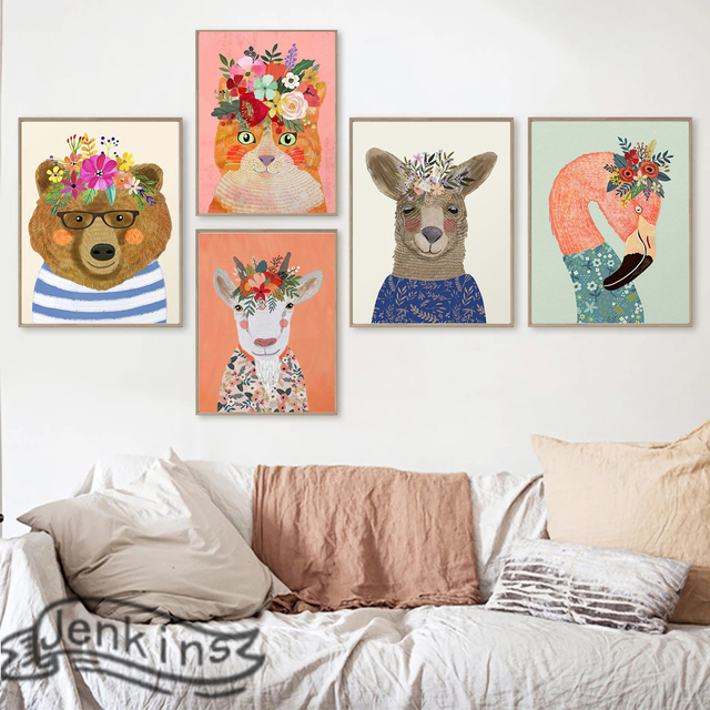 Plakat na płótnie - Kwiaty słodkie zwierzaki Alpaca Panda owca koń - kolorowa grafika na ścianę salonu lub przedszkola - Wianko - 2