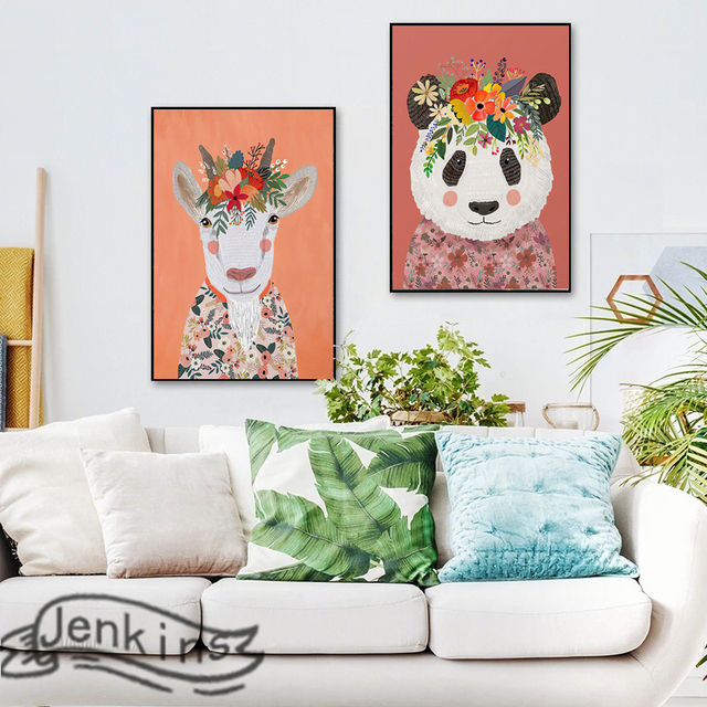 Plakat na płótnie - Kwiaty słodkie zwierzaki Alpaca Panda owca koń - kolorowa grafika na ścianę salonu lub przedszkola - Wianko - 3