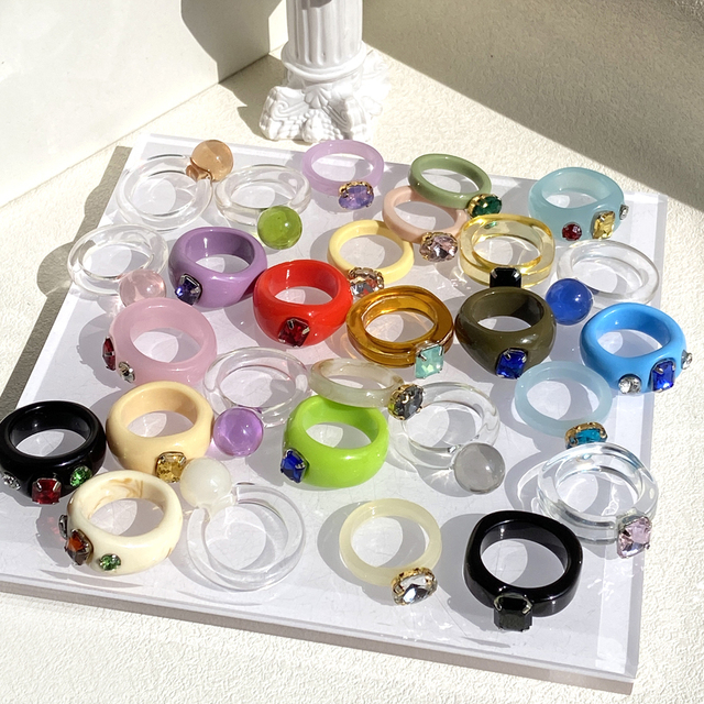 Koreański geometryczny pierścień z żywicy dla kobiet - Fantazyjny, kolorowy, przezroczysty pierścień z akrylu i kryształów - Wianko - 5