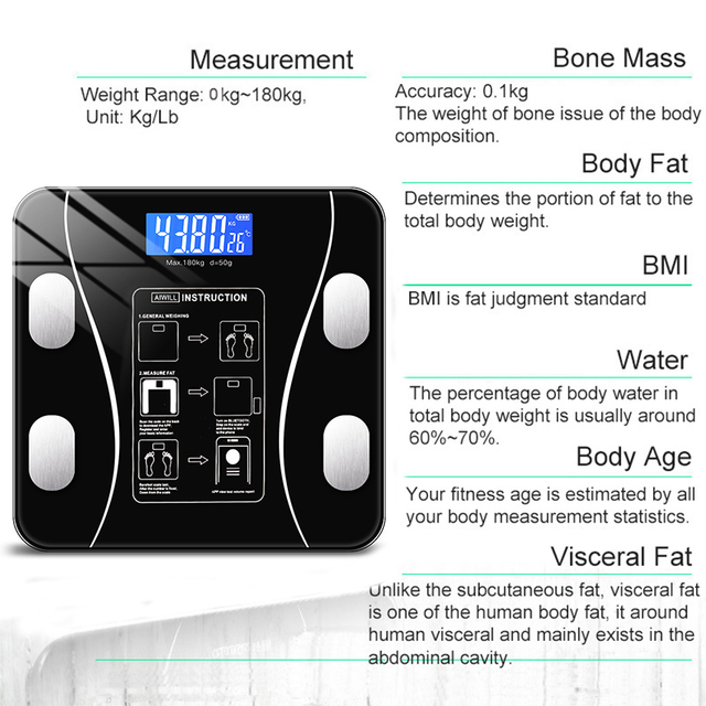 Inteligentny analizator składu ciała Bluetooth z funkcją pomiaru tkanki tłuszczowej i BMI – czarna waga do łazienki - Wianko - 5