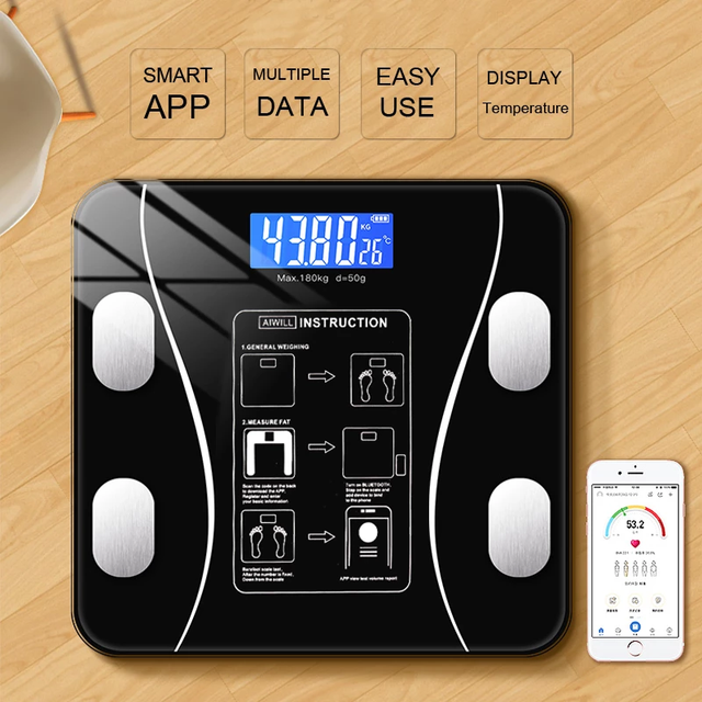 Inteligentny analizator składu ciała Bluetooth z funkcją pomiaru tkanki tłuszczowej i BMI – czarna waga do łazienki - Wianko - 2