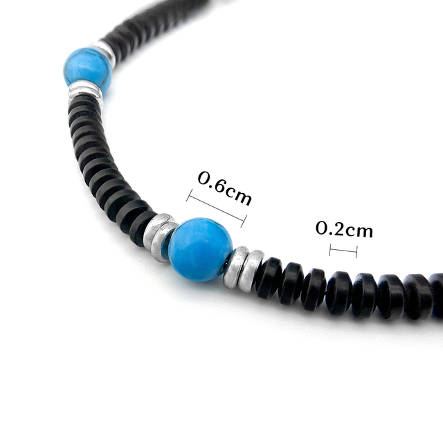 Runda czarna bransoletka z paciorkami dla mężczyzn 22 cm, niebieski kamień naturalny, stal nierdzewna, handmade - Wianko - 2