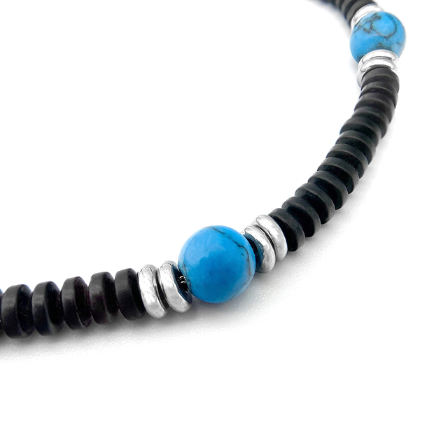 Runda czarna bransoletka z paciorkami dla mężczyzn 22 cm, niebieski kamień naturalny, stal nierdzewna, handmade - Wianko - 3