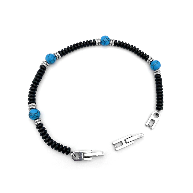 Runda czarna bransoletka z paciorkami dla mężczyzn 22 cm, niebieski kamień naturalny, stal nierdzewna, handmade - Wianko - 5