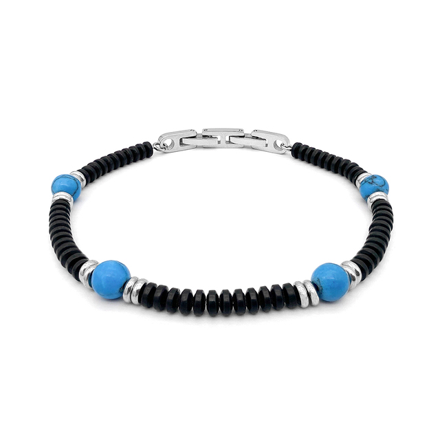 Runda czarna bransoletka z paciorkami dla mężczyzn 22 cm, niebieski kamień naturalny, stal nierdzewna, handmade - Wianko - 1
