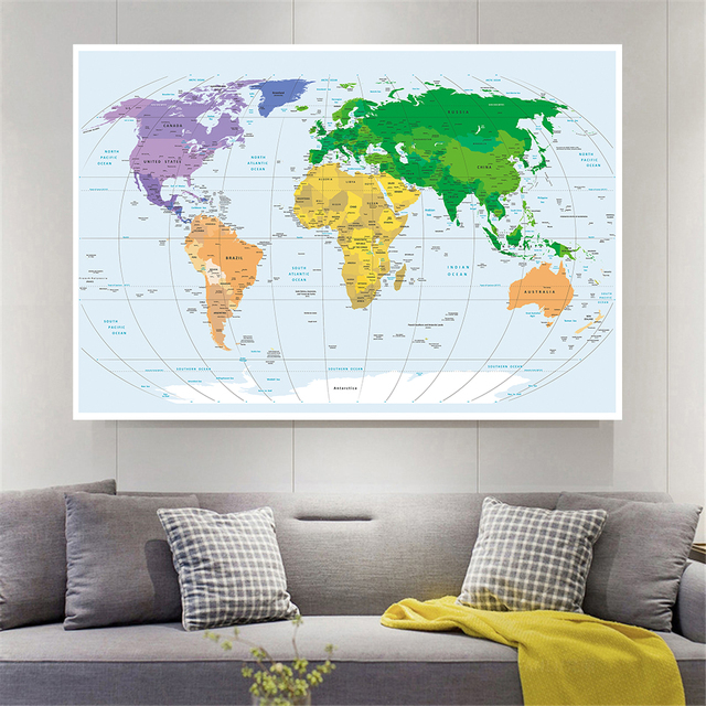 Światowa mapa polityczna na płótnie, wymiary 225x150cm, idealna dekoracja do domu dzieci i szkół - Wianko - 4