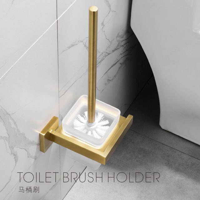 Szczotka do WC ścienna ze szklanym kubkiem, uchwyt z szczotkowanego złota, ze stali nierdzewnej 304 - Wianko - 2