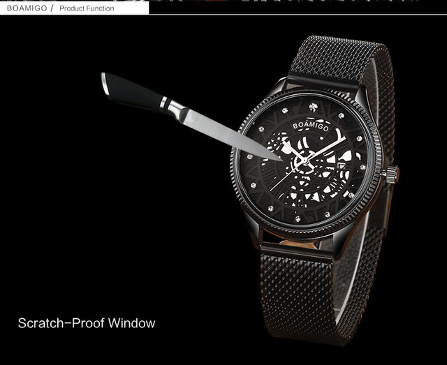 BOAMIGO mężczyźni zegarek Quartz moda czarny siatka stalowy pas zegarek automatyczny z datownikiem  Relogio Masculino - Wianko - 13