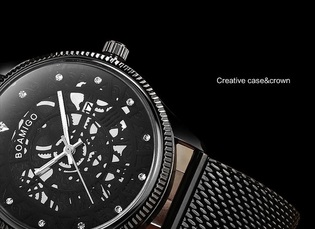 BOAMIGO mężczyźni zegarek Quartz moda czarny siatka stalowy pas zegarek automatyczny z datownikiem  Relogio Masculino - Wianko - 12
