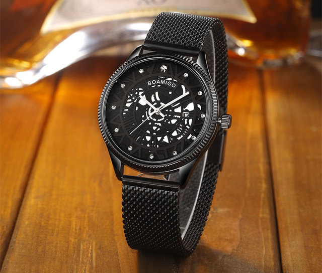 BOAMIGO mężczyźni zegarek Quartz moda czarny siatka stalowy pas zegarek automatyczny z datownikiem  Relogio Masculino - Wianko - 8