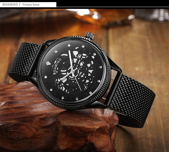 BOAMIGO mężczyźni zegarek Quartz moda czarny siatka stalowy pas zegarek automatyczny z datownikiem  Relogio Masculino - Wianko - 6