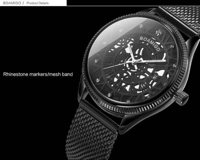 BOAMIGO mężczyźni zegarek Quartz moda czarny siatka stalowy pas zegarek automatyczny z datownikiem  Relogio Masculino - Wianko - 11