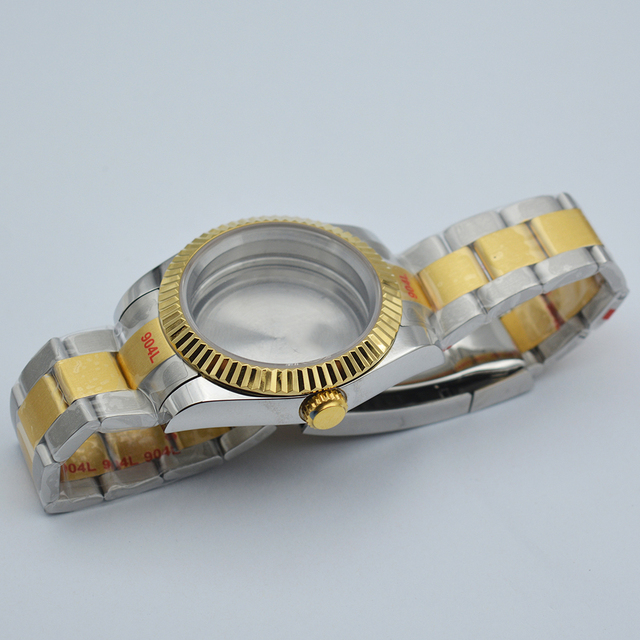 Srebrny/złoty case 36mm/40mm, nakładka do zegarków, pasująca do ruchów NH35 NH36 ETA2836 2824 Miyota 8205 8215 DG2813, szafirowe szkło, pasek jubileuszowy - Wianko - 2