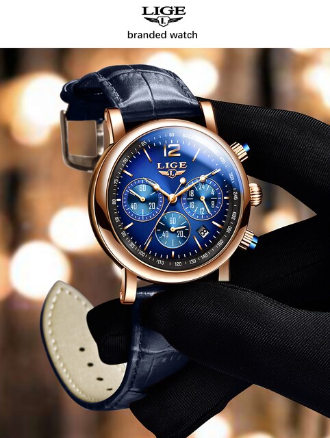 Zegarek męski LIGE biznesowy, luksusowy, kwarcowy, skórzany pasek, wodoodporny 30M, modny, reloj hombre + Box - Wianko - 3