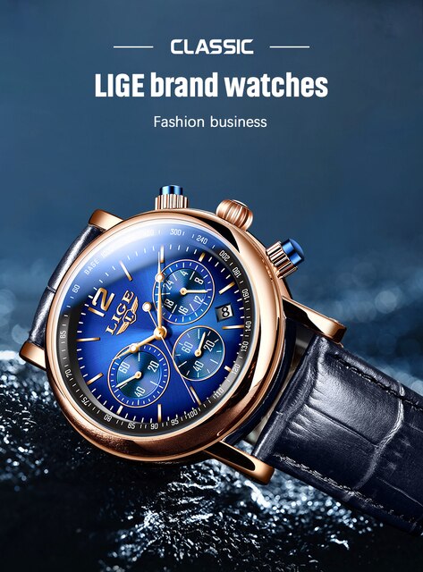Zegarek męski LIGE biznesowy, luksusowy, kwarcowy, skórzany pasek, wodoodporny 30M, modny, reloj hombre + Box - Wianko - 1